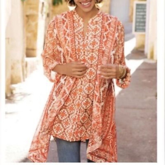 Soft Surroundings Paysan Button Front Tunic Blouse Top Boho Peasant Orange L - Picture 1 of 9